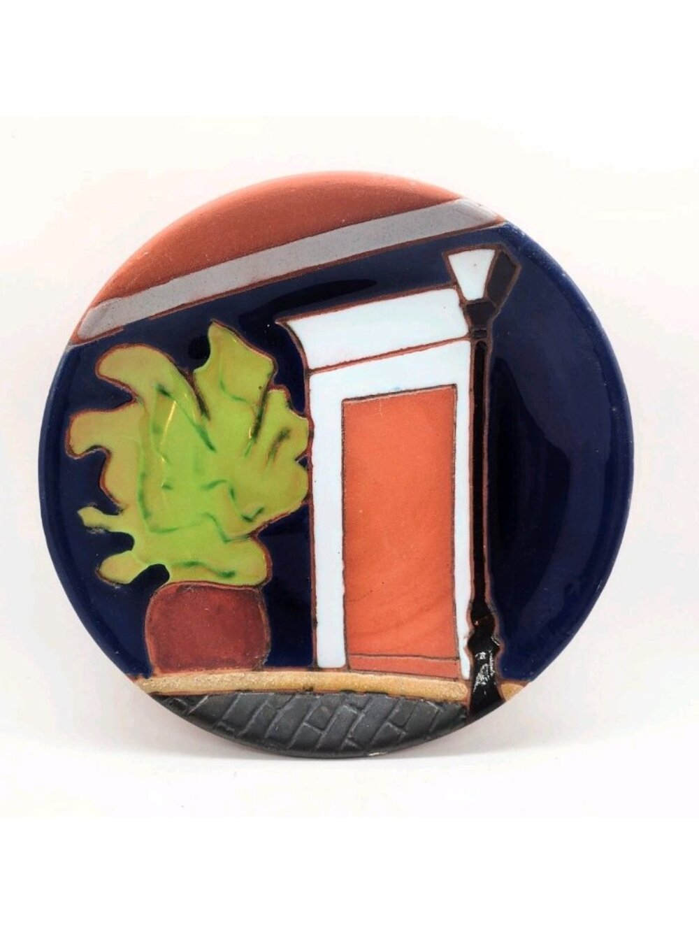 Vintage Handpainted Terracotta Art Pottery Plate 7.5" House Front Plant